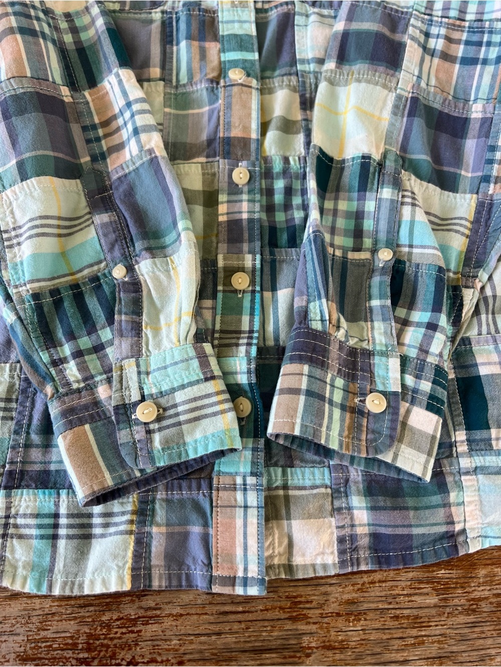 LL Bean Patchwork Madras Plaid Cotton Shirt Women’s Large Regular Blue Teal - Picture 8 of 14